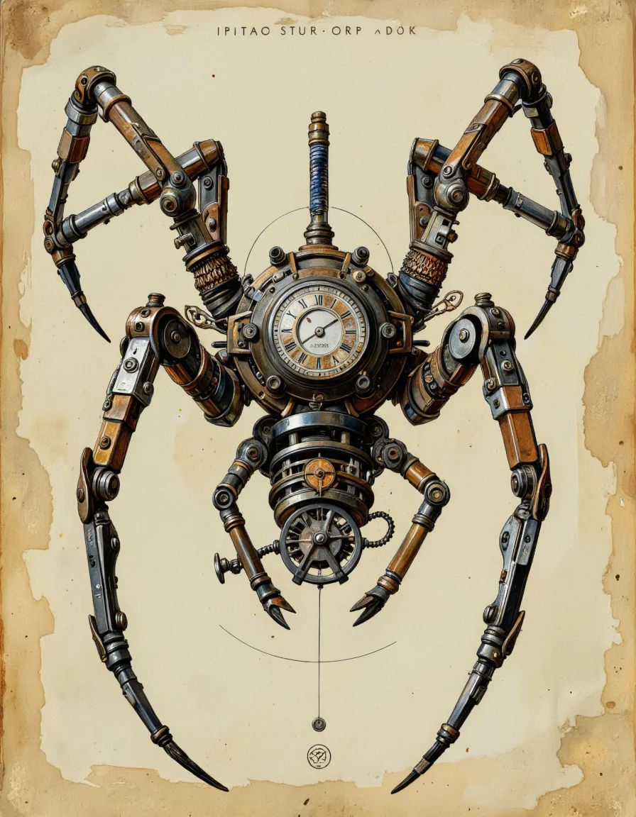 Steampunk style futuristic spider. Mechanical. <lora:Hocus_Pocus:0.9>