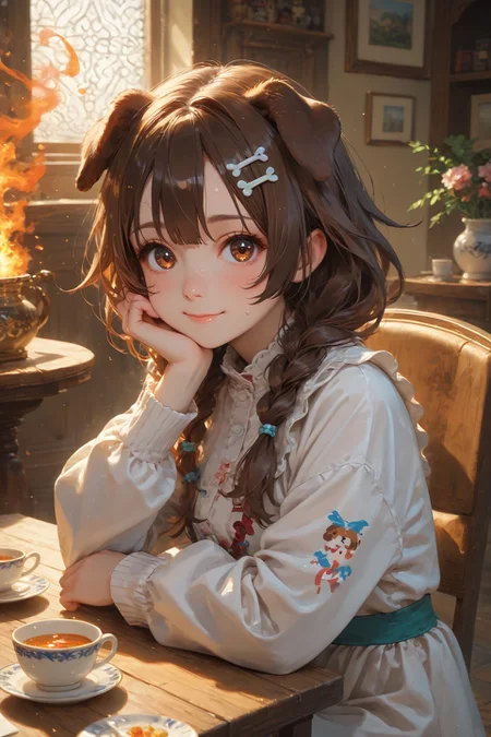 looking at viewer,detailed background,Cinematic Lighting,film grain,score_9,score_8_up,score_7_up,masterpiece,best quality,highly detailed,
<lora:(增强)sdxl_lightning_8step_lora:1>,<lora:glowneon_xl_v1:1>,glowing,<lora:Expressive_H:0.8>,Expressiveh,<lora:th3rm4lXLP:0.4>,th3rm4l,colorful,
1girl,animal ears,brown hair,smile,cup,virtual youtuber,solo,dog ears,brown eyes,fire,inugami korone,holding,bangs,sitting,long sleeves,teacup,blush,food,chair,table,sweat,indoors,closed mouth,dog girl,chibi,looking at viewer,