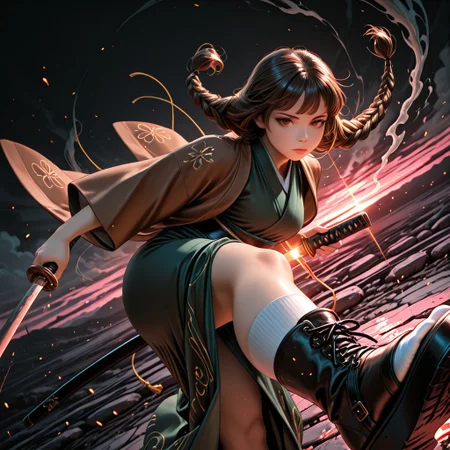 SmoothNoob_Quality, dynamic composition, 1girl, hand on katana, unsheathing, kimono, dark green kimono, Haori, reddish brown haori, Obi, sash, long white socks, sandals, solo, brown hair, curly shoulder-length brown hair, front twin braids, looking at viewer, bangs, greyish-brown eyes, long hair, closed mouth, embers, black background, boots, dynamic pose, dutch angle,foreshortening, twilight, glowing, ink background, abstract background, bright colors, dark, pink theme, gray smoke, neon trim,