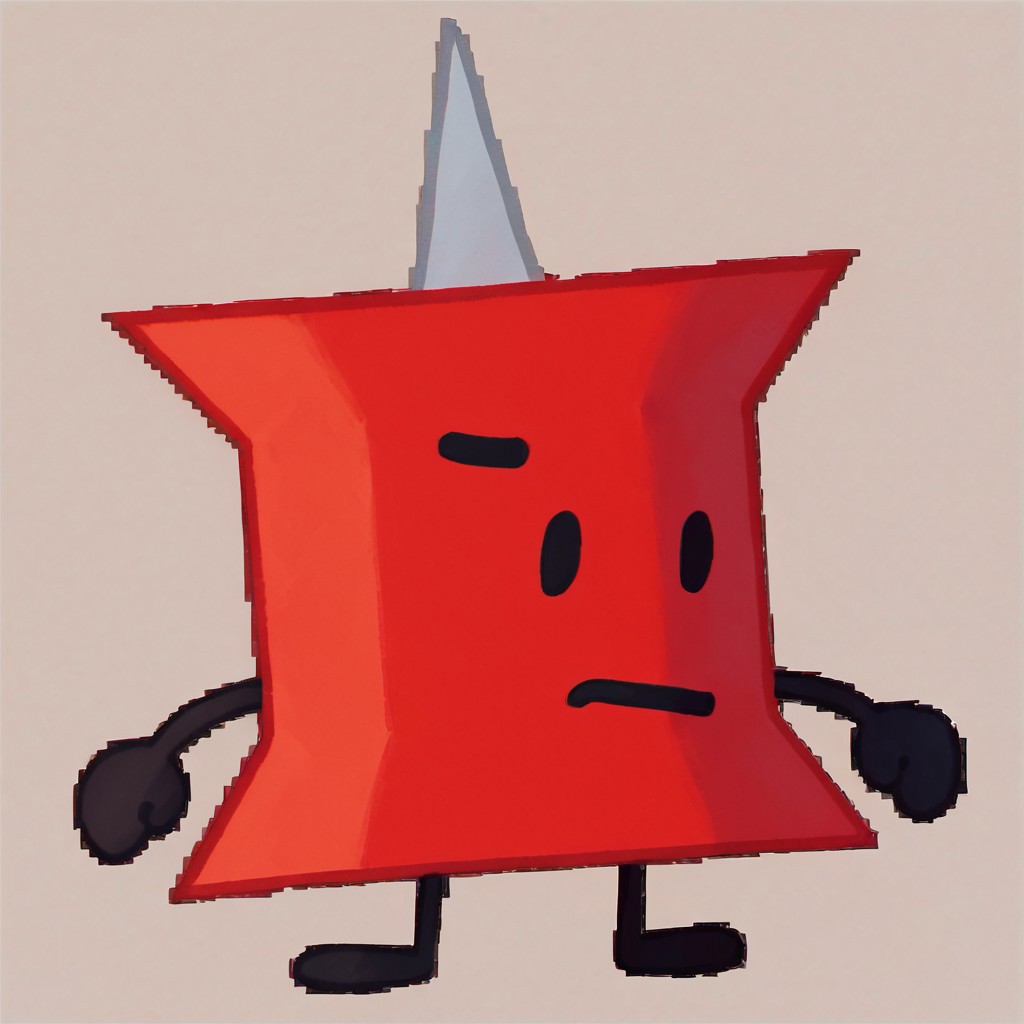 score_9, score_8_up, score_7_up, solo, anthro, red body, dot eyes, thin stick limbs, black limbs, black eyes, gray metallic pin tip, push pin body, cartoony
