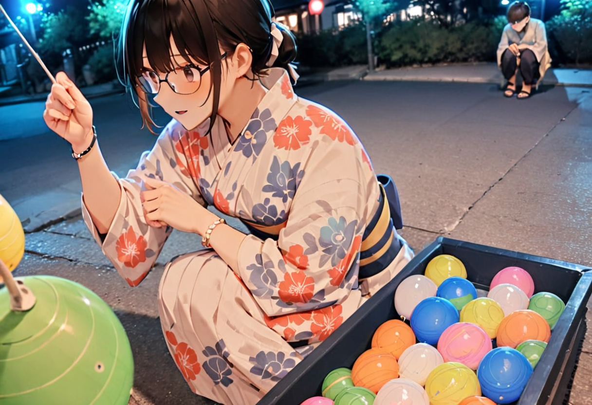 masterpiece, best quality, very aesthetic, absurdres,
mizufusen, 1girl, glasses, yukata, 1boy, night, squatting, outdoors, black hair, bracelet, long sleeves, floral print, water balloon fishing, night, summer, paper lantern, blurry background, 
 <lora:mizufusen_SDXL_V1:0.8>
