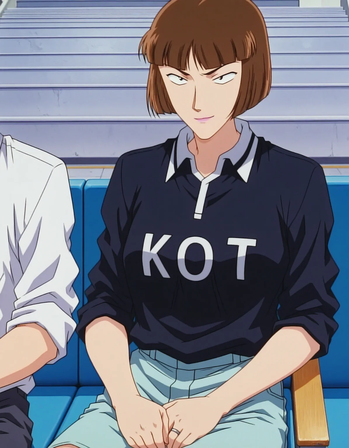 1girl,solo,masterpiece,best quality,anime screenshot, 1990s \(style\),
<lora:kira_hasue_conan_v1_IL:0.9>,kira hasue,short hair,brown hair,blunt bangs,bob cut,purple lips,ring,black eyes,tsurime,(sanpaku:1.5),long sleeves,black englishtext shirt,collared polo shirt,aqua shorts,
<lora:dmd2_sdxl_4step:1>,pew,stadium,v-shaped eyebrows, smirk,looking at another, closed mouth, sitting,doyagao,sleeves rolled up