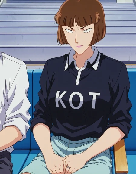 1girl,solo,masterpiece,best quality,anime screenshot, 1990s \(style\),
<lora:kira_hasue_conan_v1_IL:0.9>,kira hasue,short hair,brown hair,blunt bangs,bob cut,purple lips,ring,black eyes,tsurime,(sanpaku:1.5),long sleeves,black englishtext shirt,collared polo shirt,aqua shorts,
<lora:dmd2_sdxl_4step:1>,pew,stadium,v-shaped eyebrows, smirk,looking at another, closed mouth, sitting,doyagao,sleeves rolled up