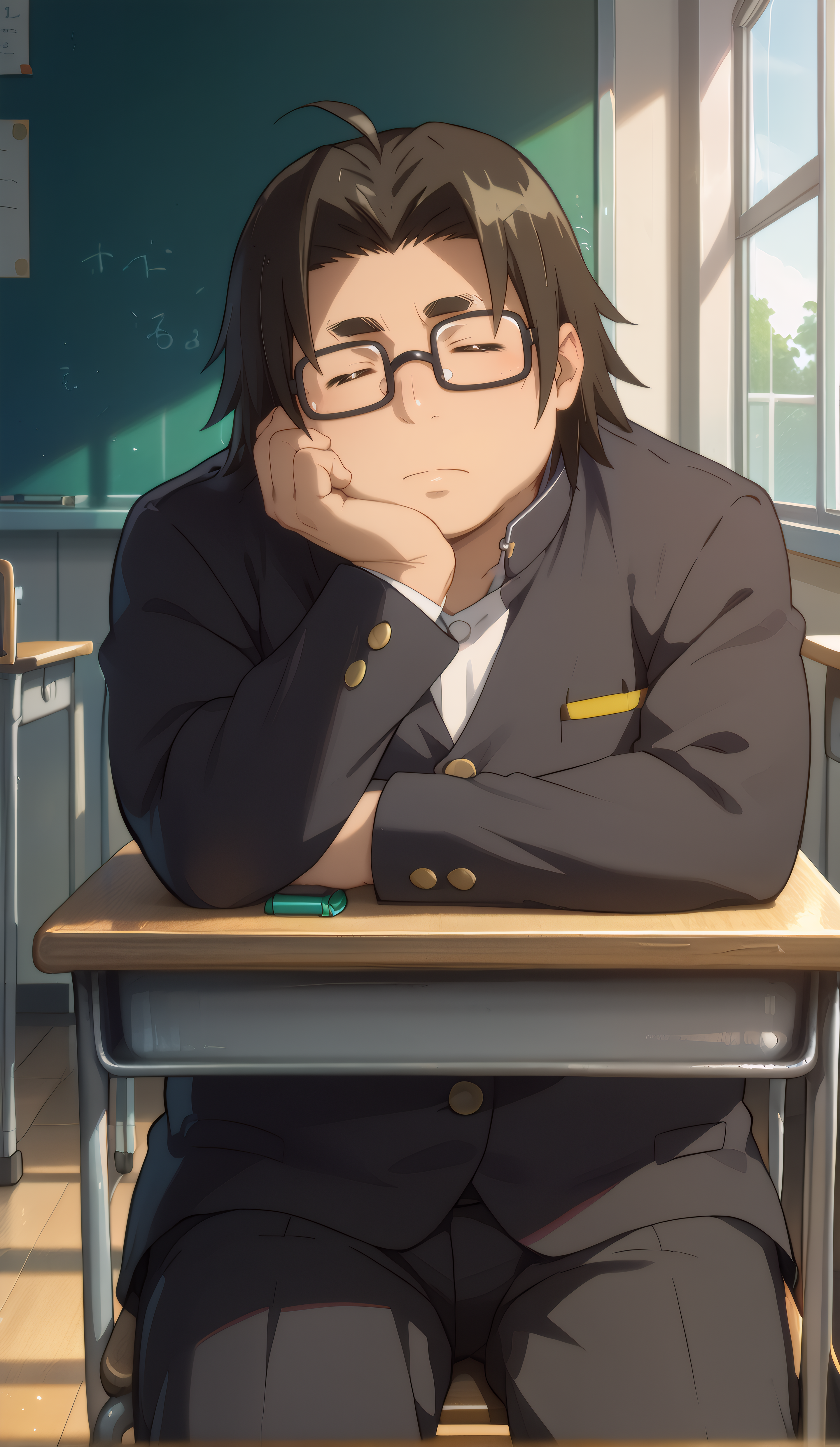 score_9, score_8_up, score_7_up, mature male, looking at viewer, cowboy shot, 
<lora:Hirano_Dwnsty:0.8>,  hirano_kohta, brown eyes, black hair, male focus, school uniform, gakuran, buttons, glasses, 
light smile, plump, bored, sleeping, closed eyes, 
indoors, classroom, chair, table, sitting, head rest, head on table, leaning forward,