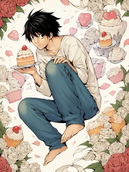 score_9, score_8_up, score_7_up, score_6_up, score_5_up, <lora:d34thn0t3XLP:0.9> d34thn0t3, 1boy, L, jeans, barefoot, black hair, solo, holding cake slice