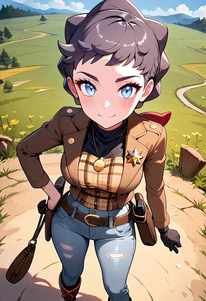 masterpiece, best quality,  curvy, beautiful eyes, narrow waist, wide hips, smile, looking at viewer, dynamic angle, foreshortening, close up,    zzDiantha, diantha (pokemon), blue eyes, grey hair, short hair, makeup, eyeshadow,  <lora:DianthaPokemon_IXL:1.0>  [Prairie Ranch Deputy], star-shaped deputy badge, suede jacket with fringe, button-up plaid shirt, leather vest, boot-cut jeans, leather belt with buckle, lasso holstered at hip, worn riding gloves, spurred boots, stitched saddlebag, wild prairie field, vigilant stance,