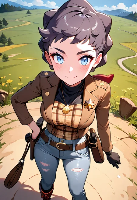 masterpiece, best quality,  curvy, beautiful eyes, narrow waist, wide hips, smile, looking at viewer, dynamic angle, foreshortening, close up,    zzDiantha, diantha (pokemon), blue eyes, grey hair, short hair, makeup, eyeshadow,  <lora:DianthaPokemon_IXL:1.0>  [Prairie Ranch Deputy], star-shaped deputy badge, suede jacket with fringe, button-up plaid shirt, leather vest, boot-cut jeans, leather belt with buckle, lasso holstered at hip, worn riding gloves, spurred boots, stitched saddlebag, wild prairie field, vigilant stance,