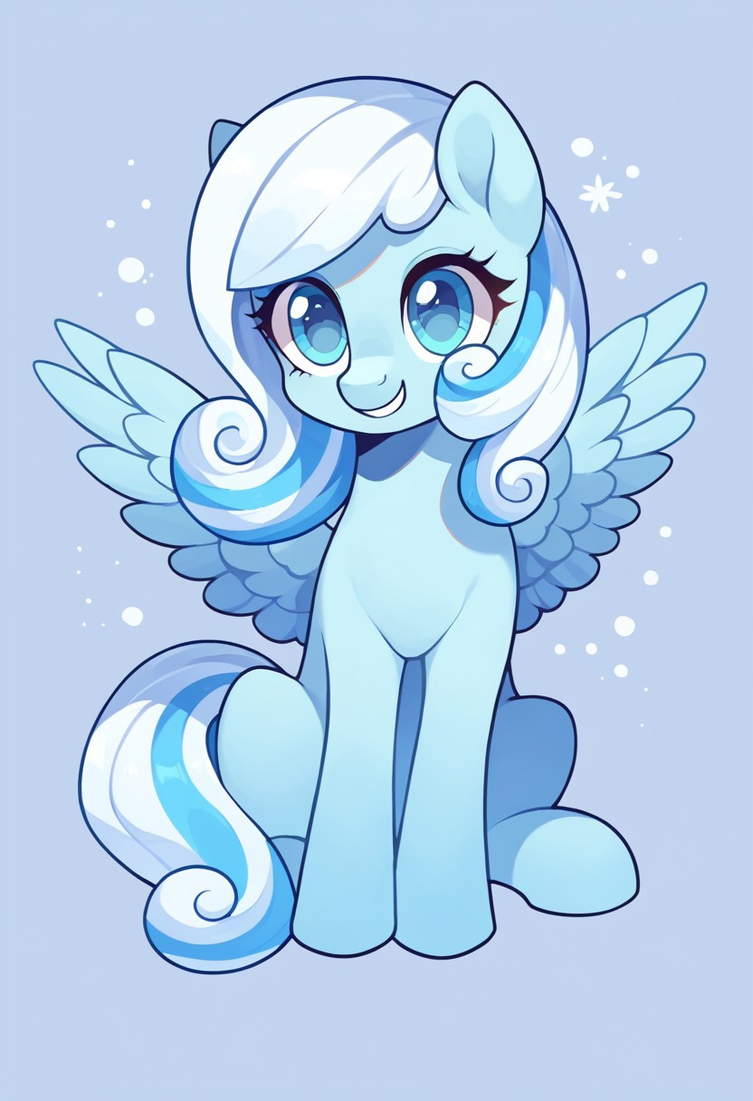 score_9, score_8, score_7, source_pony, snowdrop, solo, 1girl, no humans, pegasus, blue theme, full body, tail, smile, colored skin