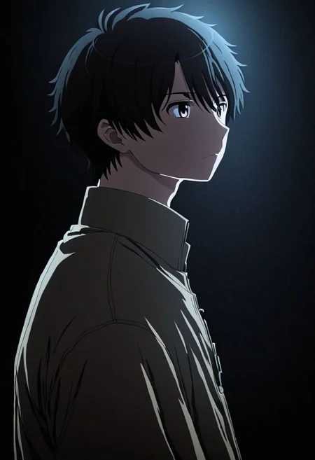 high resolution, solo, best quality, 1Boy, Inaho Kaizuka, Black Hair, cool, Mysterious black background, Movie lighting, a sense of atmosphere, OverallDetail