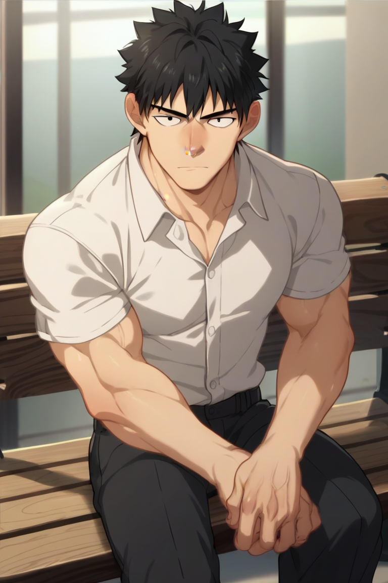 score_9, score_8_up, score_7_up, score_6_up,source_anime anime screencap, anime coloring, 1boy, solo, male focus, muscular, black hair, black eyes, white shirt, black pants, sitting over bench, indoors, looking at viewer, untucked  shirt <lora:HanDaewi:1> blushed nose, front view