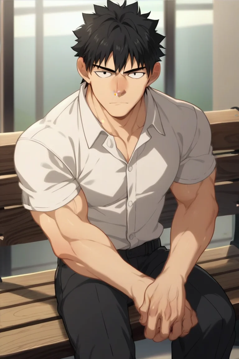 score_9, score_8_up, score_7_up, score_6_up,source_anime anime screencap, anime coloring, 1boy, solo, male focus, muscular, black hair, black eyes, white shirt, black pants, sitting over bench, indoors, looking at viewer, untucked shirt <lora:HanDaewi:1> blushed nose, front view