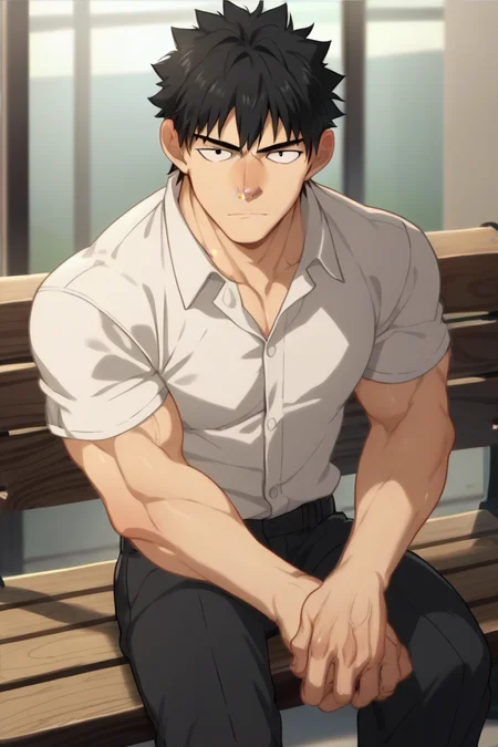score_9, score_8_up, score_7_up, score_6_up,source_anime anime screencap, anime coloring, 1boy, solo, male focus, muscular, black hair, black eyes, white shirt, black pants, sitting over bench, indoors, looking at viewer, untucked shirt <lora:HanDaewi:1> blushed nose, front view