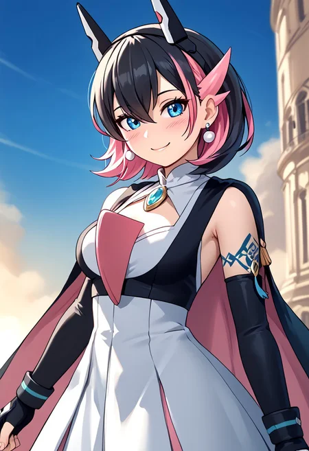 score_4,score_5,score_6,score_7_up,score_8_up,score_9 ((masterpiece,best quality,ultra detailed,highres,HD,4k:1.2)), 
1 girl,solo,face focus,
((Hair between the eyes,), gardevoir, human,
short hair,black hair,multicolored hair,Inner color pink hair,blue eyes,tattoo,black head gear,earrings,very small breast,
Elbow gloves,long skirt,Bare shoulders, corsets,cape,fingerless gloves,jewelry,
smile,.blush,light smile,