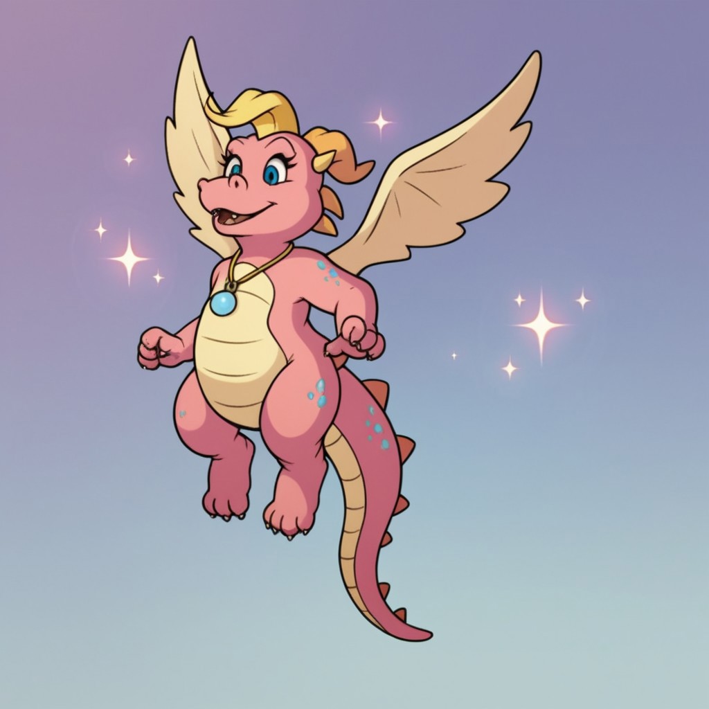 score_9, score_8_up, score_7_up, score_6_up, score_5_up, score_4_up source_furry, CassieDT, semi-anthro, female, dragon, pink skin, horns, wings, jewelry, necklace, flying, sparkle