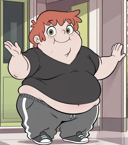 Official art, masterpiece, dynamic, expressive, best quality, detailed, ferguson, 1boy, male, human, orange hair, green eyes, freckles, plump, fat, obese, chubby, chubby cheeks, double chin, dark grey shirt, midriff, belly, stomach sticking out of shirt, grey sweat pants, dark grey shoes, school, looking at viewer, smiling, happy, 