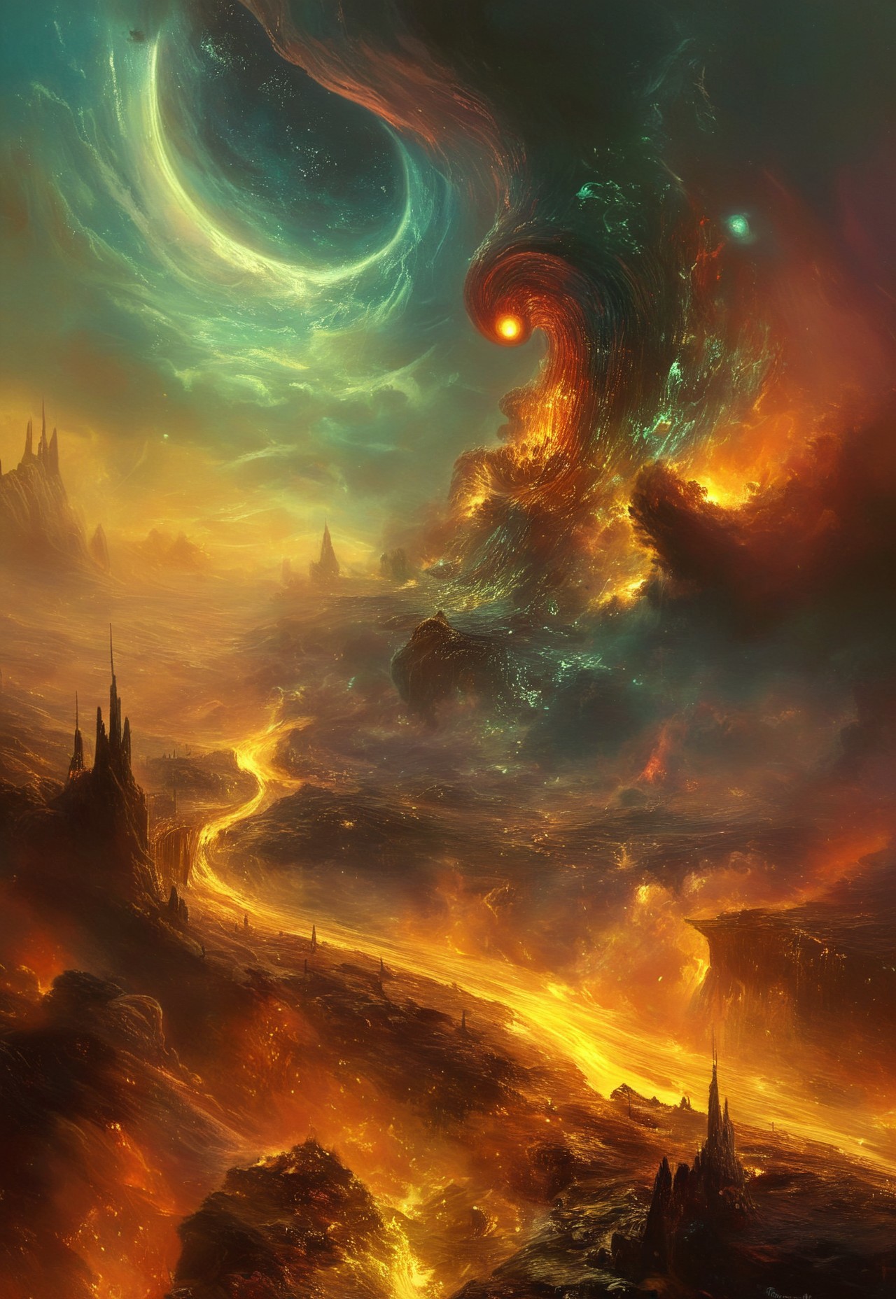 best quality, masterpiece, painting, concept art,  ((((High angle From avove, camera from above, Bird's-eye view, aerial shot view)))), In the heart of the absurdes,land of alien worms, ,organic,abomination,remains of fallen giants,giant  skeletons,overgrown,toxicity,mutation,dense fog,atmospheric haze,cloud, alien flora, liquid, ligaments, connections, biological, subsurface scattering,caustic,  light particles, rainy, twisted architecture intricate detail, surreal masterpiece of contrast, blending the energy of  fantasy  with the scifi aesthetic,mix of science fiction and fantasy,swirling,attraction,interaction,low gravity,scifi dark fantasy,vibrant colors,dramatic,tragic,melancholy,dark dream,cosmic horror,alienscape,otherworldy,weird,professional,perfection,visually stunning,mesmerizing,disturbing,mystical touch,highly detailed, intricate,painted in high resolution,close-up,  primary colors,acid bleeding deep colors, no gradients, illustration,ferrotype,grisaille,scenery, ((no humans)),
 composition explores the boundaries of reality, creating a visually arresting scene that defies conventional norms, Dive into the eerie and thought-provoking atmosphere as the surreal narrative unfolds in this captivating and unsettling artwork,epic scale
<lora:John Harris Style:0.8> John Harris Style page,Arik roper,Ben Templesmith,Tsutomu Nihei,Henry Fuseli,tomasz alen kopera 