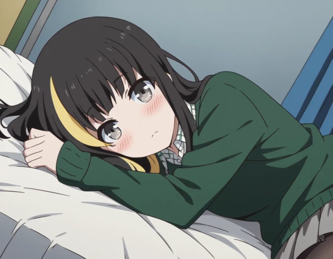 score_9, score_8_up, score_7_up, source_anime, tsubakiandou, <lora:tsubaki-andou-s1-ponyxl-lora-nochekaiser:1>, tsubaki andou, long hair, blonde hair, black hair, multicolored hair, streaked hair, grey eyes,, skirt, shirt, pantyhose, collared shirt, sweater,, indoors, bed, bed room, on side, blush, drunk, looking at viewer, solo, cowboy shot, dutch angle