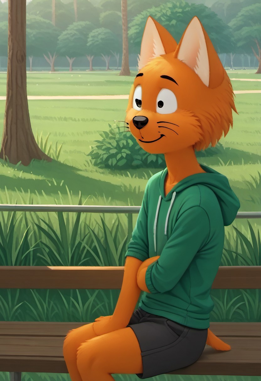 score_9, score_8_up, score_7_up
day time, natural light, detailed sun rays, summer, daytime, highly detailed background, park, break
cat anthro, male cat, orange fur, BREAK
sitting on bench, 3/4 side view, smile