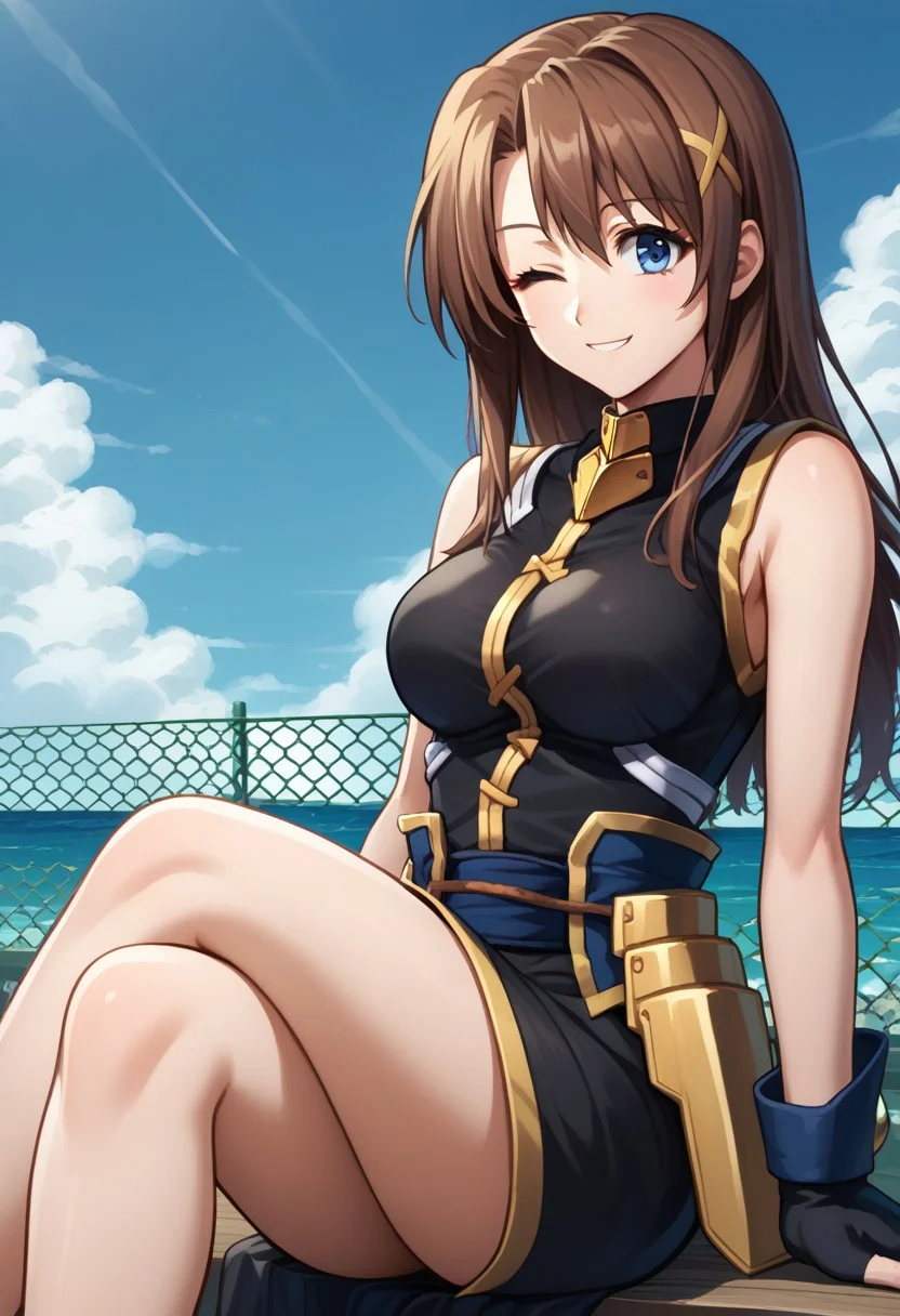 score_9, score_8_up, score_7_up, source_anime, good anatomy, 1girl, solo, HayateYagami, brown hair, long hair, x hair ornament, blue eyes, black dress with gold trim, short dress, fingerless gloves, bare shoulders, bare legs, corset, sitting, crossed legs, smiling, winking, on fence, ocean, blue sky, clouds