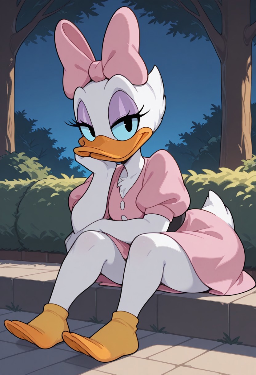 score_9,score_8_up,score_7_up,score_6_up,best quality,masterpiece, 
background is park, trees, 
((cinematic lighting)), (shading),
BREAK
1 girl, solo, daisyd, furry female, female duck, white skin, blue sclera, black eyes, hair bow, short puffy sleeves, eyeshadow
 full body, looking at viewer, coy smile,  seductive, teasing, flirting, half-closed eyes