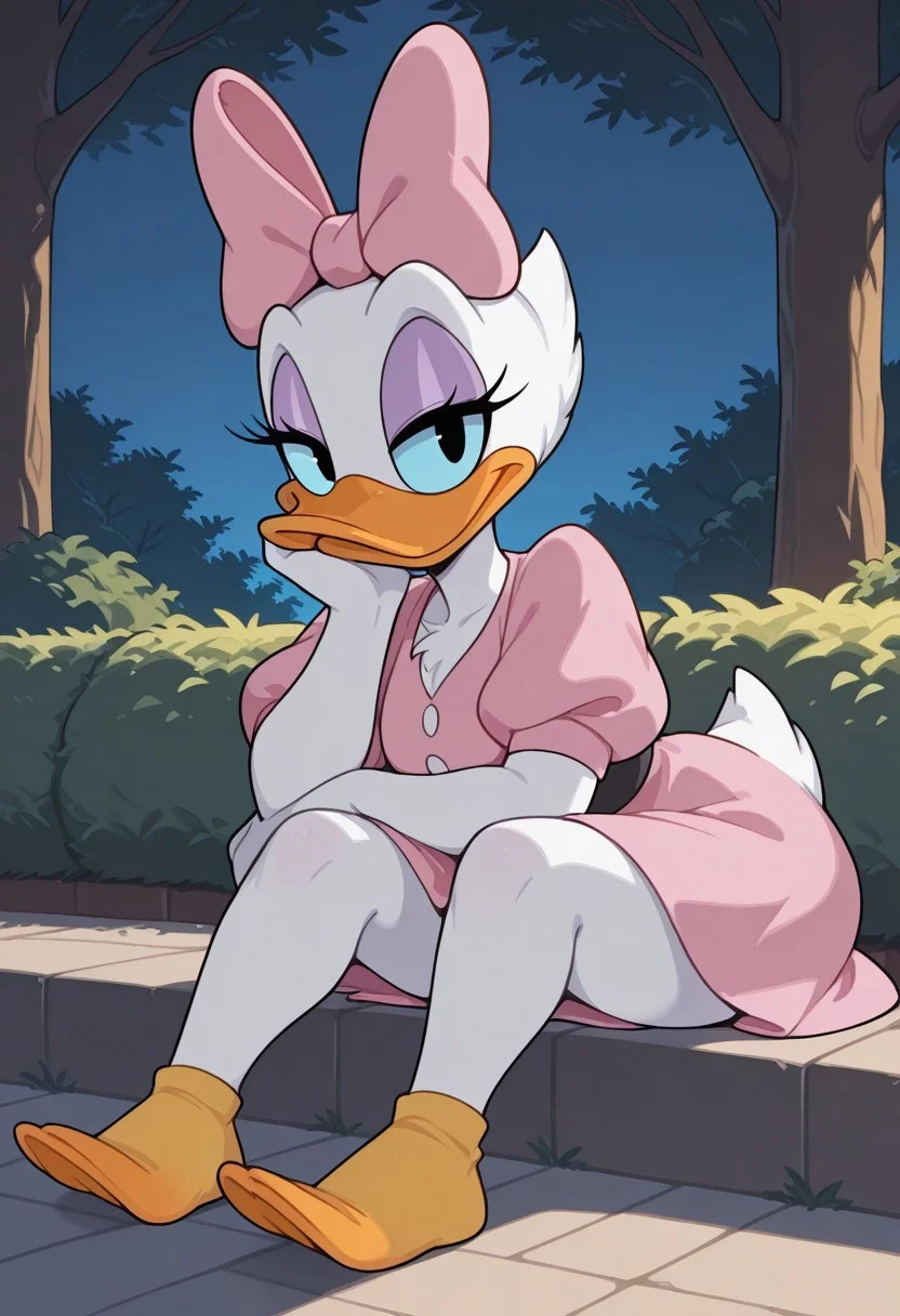 score_9,score_8_up,score_7_up,score_6_up,best quality,masterpiece,
background is park, trees,
((cinematic lighting)), (shading),
BREAK
1 girl, solo, daisyd, furry female, female duck, white skin, blue sclera, black eyes, hair bow, short puffy sleeves, eyeshadow
full body, looking at viewer, coy smile, seductive, teasing, flirting, half-closed eyes