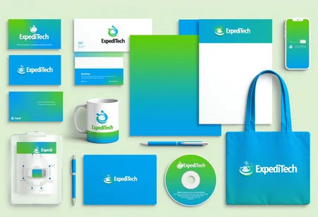 A branding kit depicting the brand identity for a company called ExpediTech. The products shown in the image all are branded with the company's logo and colors with the same font. The company's colors are bright blue, vibrant green and white. The logo Incorporates a globe and speed together in its concept. The font is legible and bold. The products in the image consist of a business card, coffee mug, letterhead, stationary, pen, mouse pad, mobile phone showing the company's website, Disc and disc sleeve, and tote bag,