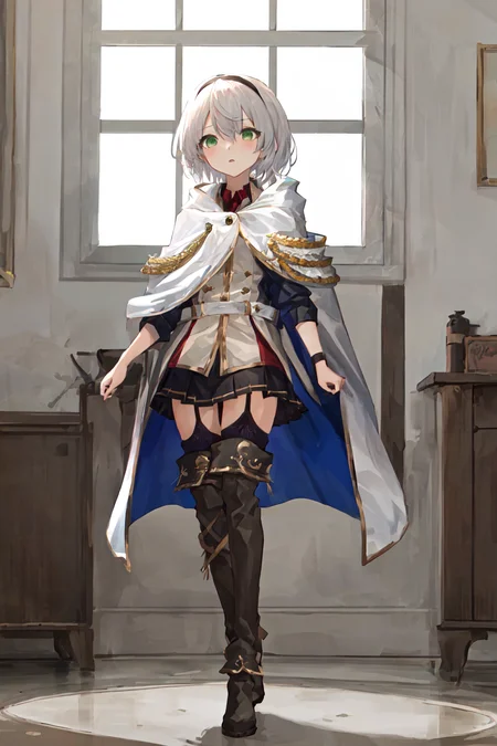 masterpiece, best quality, highres, 1girl amnesia green eyes short hair, white cape black skirt pleated skirt white jacket red shirt garter straps black thighhighs thigh boots <lora:amnesia:1> standing (hands in pocket : 1.2)