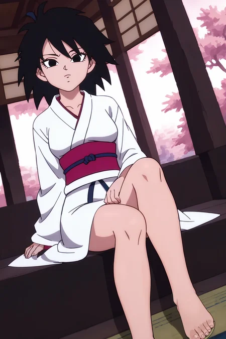 source_anime, score_9, score_8_up, score_7_up, anime screencap, absurd res, official style,
gine, black hair, medium hair, spiked hair, black eyes, monkey tail, looking at viewer, 
kimono, white kimono, sash, cherry blossoms, long sleeves, temple, dutch angle, sitting, barefoot, knee up, from above, 
<lora:gine_pony_v4:0.8>