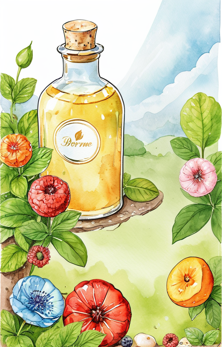 masterpiece,best quality,<lora:tbh32-sdxl:0.9>,illustration, A bottle of perfume in garden