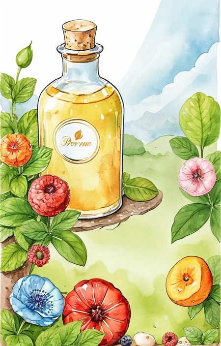 masterpiece,best quality,<lora:tbh32-sdxl:0.9>,illustration, A bottle of perfume in garden