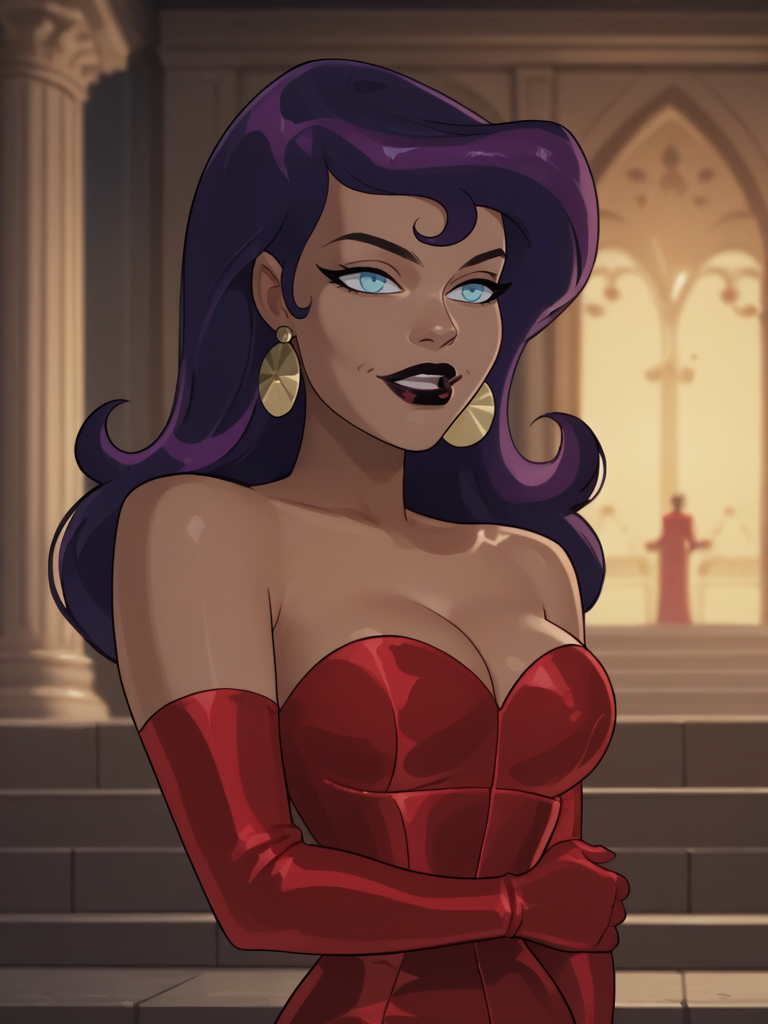 score_9, score_8_up, score_7_up, masterpiece, high quality, NorCirce, 1girl, solo, purple hair, long hair, blue eyes, red dress, earrings, boots, jewelry, dark skin,  dark-skinned female, bare shoulders, cleavage, gloves, lipstick, 
<lora:JLUCirce-140reps:0.8>