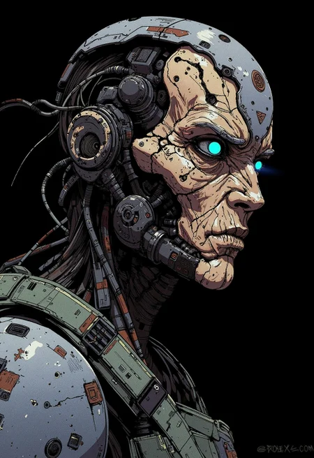 A digital illustration portrait in the style of ck-js, presenting a heavily augmented, aged female matriarch, a ghost of her former self reshaped by decades of conflict and ruthless augmentation. Her expression is intense and knowing, etched with the harsh lines of experience. Extensive sections of her face are replaced by dark, rugged Terran-style cybernetics, featuring visible wiring conduits and worn metallic plating. One eye is a large, intensely glowing blue optic lens, scanning the shadows. Weathered, functional armor pieces reminiscent of aged Spectre gear cover her shoulders and torso. Stark, shadowy lighting highlights the unsettling blend of wrinkled, remaining organic skin around her mouth and the cold machinery fused to her skull. Focus on dark cyberpunk augmentation, menacing matriarchal authority, and gritty bio-mechanical integration born from Terran desperation.
