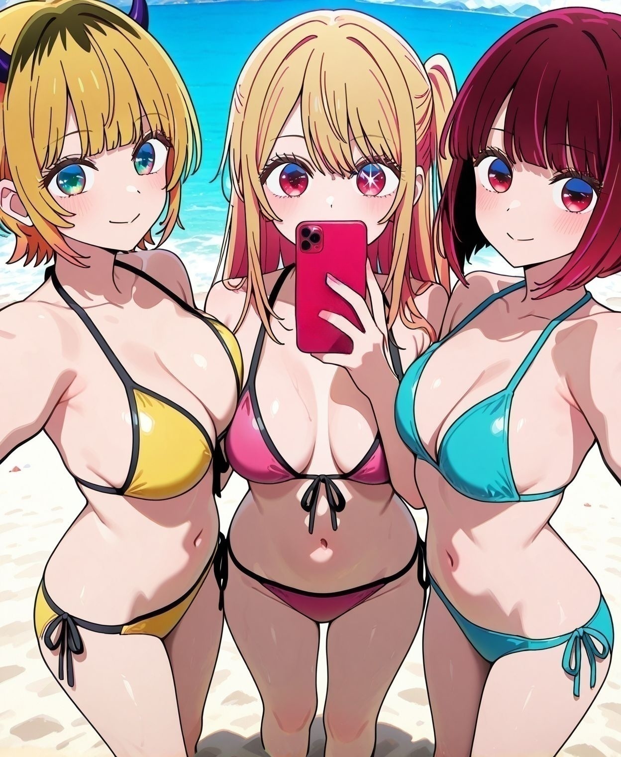 masterpiece,best quality,amazing quality,very aesthetic,absurdres,newest,huge filesize,
<lora:spo_sdxl_10ep_4k-data_lora_webui:0.5>,
<lora:add-detail-xl:1>flat color, anime coloring,  anime screenshot, uncensored, 
<lora:selfie:1> , selfie_V1,
breasts,
3girls,
smile, holding phone,
group  selfie,
beach,  swimsuit, 
memcho, no oshi no ko,  official art, 
hoshino aquamarine, 
hoshino ruby, 
arima kana,