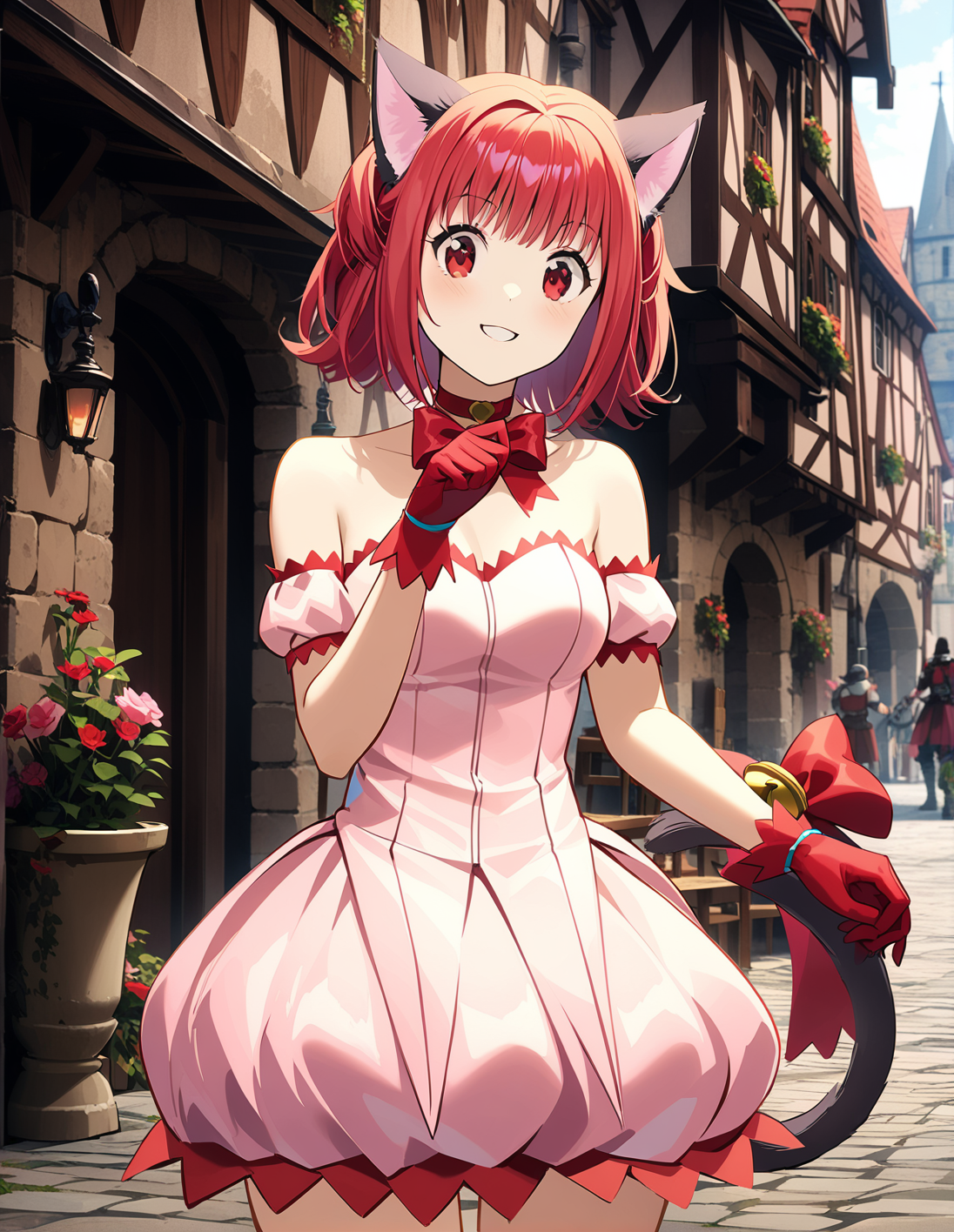 1girl, solo,  <lora:sdxl-lyco-mew_ichigo-remake-animagine_xl_3_1-v1:1>, mew_ichigo_remake, tail bow, gloves, cat tail, red gloves, tail bell, choker, detached sleeves,pink dress, strapless, relaxed posture, elbows extended, standing,  ,,smile, best quality, very aesthetic, ultra-detailed, intricate details, 4k,BREAK  in a medieval town