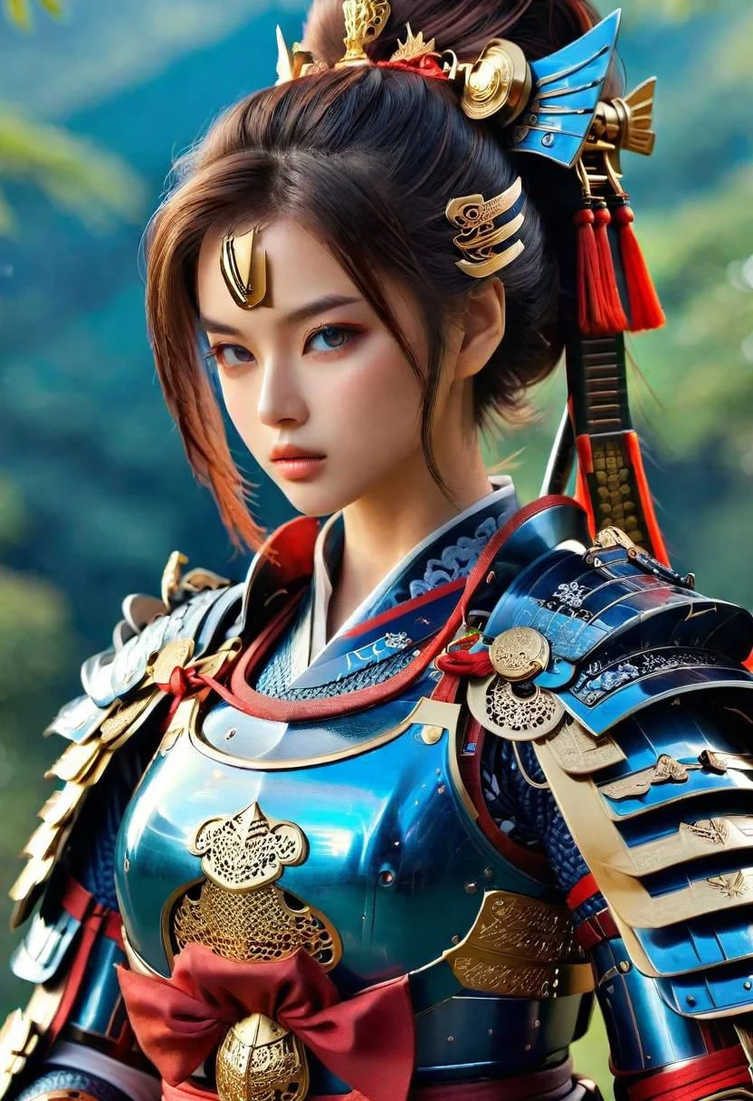 ultra detailed      Masterpiece  8k   ,girl Samurai  complex armor	Multi-layered and large shoulder armor  luster shine  Multilevel  	 black gold 	red blue 	, (beautiful  face)++ 	holdingshe long katanagQkcYR	
Hokusai's Japanese depiction of a very turbulent sea with massive waves. The background s shows a beautiful dark night over a illuminated village. The colors are red and yellow
