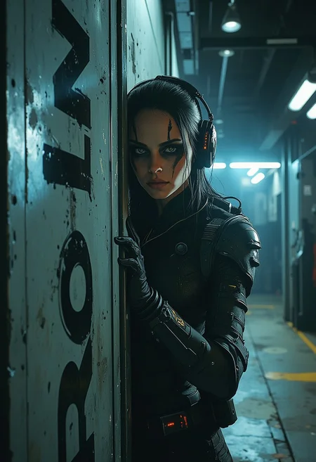 ArsMJStyle, dnddarkestfantasy, A futuristic, cyberpunk-inspired scene featuring a female character partially hidden behind a sleek, metallic wall with large typography. She has a serious expression, wearing high-tech headgear and armor with subtle, integrated LED lights. Her face is marked with tech-enhanced patterns, and she is gripping a sci-fi weapon, preparing for action. The environment is minimalistic, dominated by soft blue and white lighting, creating an ambient glow with sharp shadows and reflections. The setting exudes a sterile, high-tech atmosphere with corporate branding on the walls, labeled 'NuCaloric Agriculture.' The overall tone is mysterious, tense, and slightly dystopian. --ar 16:9 --stylize 500 --q 2.