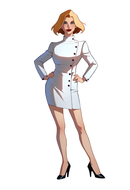 masterpiece, best quality, very aesthetic, absurdres,
1girl, agentl, blonde hair, short hair, blue eyes, red lips,
white coat, white skirt, high heels,
hands on hips, full body,
smile, looking at viewer, solo, (simple background, white background:1.3),     <lora:AgentLNoobXL_byKonan:1>