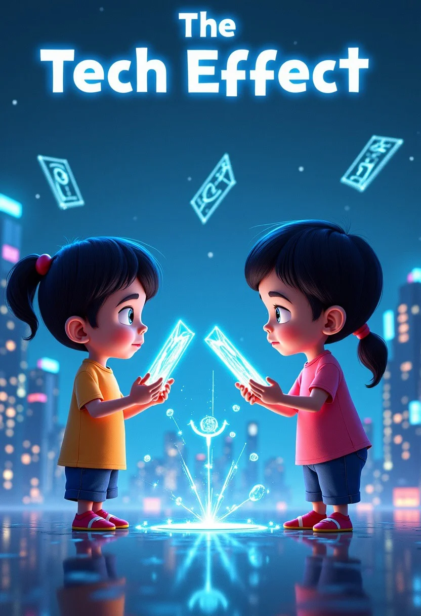 minimalist Disney-style characters, children interacting with futuristic glowing technology, holographic screens, digital devices floating around them, facial expressions showing curiosity and concern, bright vibrant colors, clean lines, subtle tech details, simple futuristic cityscape background, soft lighting, title text 'The Tech Effect' in bold, futuristic font, centered, cinematic style, magical and emotional atmosphere