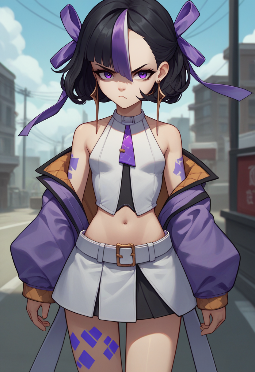 score_9, score_8_up, score_7_up, source_anime BREAK 1girl, solo, standing, <lora:syuen-nikke-richy-v1_pdxl:1>  syuen, purple eyes, black hair, streaked hair, short hair, bangs, hair ribbon, earrings, purple jacket, necktie, detached sleeves, sleeveless, crop top, navel, midriff, skirt, belt, leg tattoo, looking at viewer, long legs, disgust, from belo