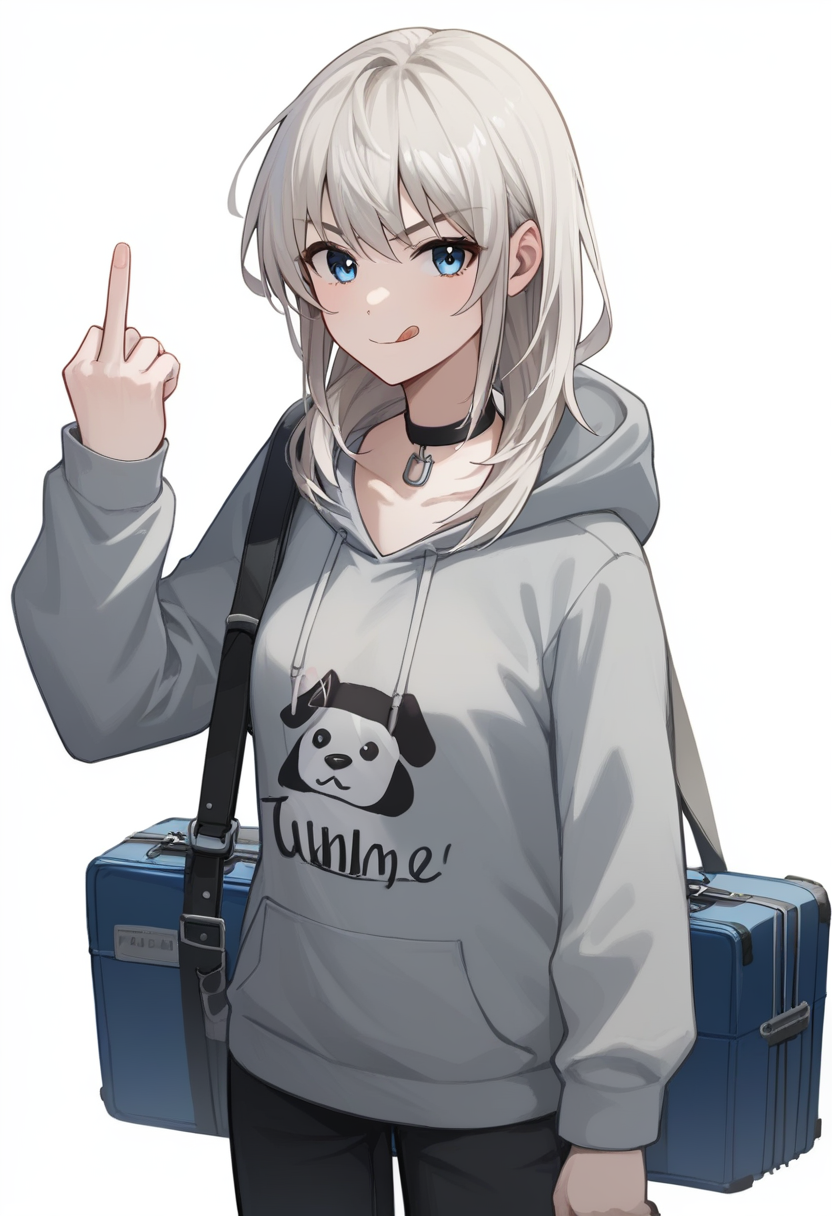 score_9,score_8_up,score_7_up,<lora:kawaragi_momoka_pony:1>,1girl, animal_print, black_choker, black_pants, black_sweater, blue_eyes, dog_print, double_middle_finger, grey_hoodie, highres, instrument_case, instrument_on_back, kawaragi_momoka, looking_at_viewer, print_hoodie, simple_background, solo, standing, tongue_out, white_background, white_hair