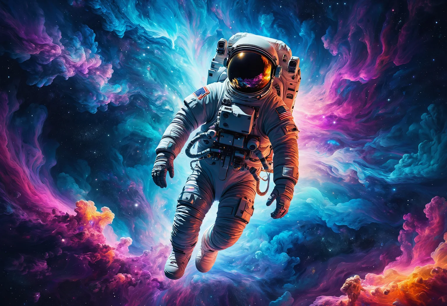 Wallpaper of an astronaut floating in the vastness of space, in the style of mesmerizing colorscapes, energy-filled illustrations, colorful, glorious, contrasting lights and darks, photorealistic paintings, energy-charged
