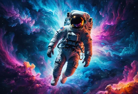 Wallpaper of an astronaut floating in the vastness of space, in the style of mesmerizing colorscapes, energy-filled illustrations, colorful, glorious, contrasting lights and darks, photorealistic paintings, energy-charged