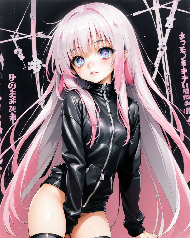 8um, stella, white hair, pink highlights, pink hair, leather, thighhighs, pink eyes, blue eyes<lora:Stella_ForPony:1>