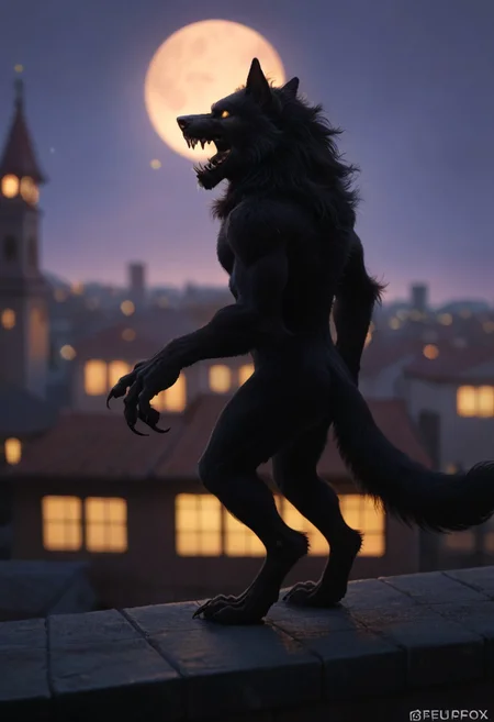 Score_9, score_8_up, score_7_up, score_6_up, SpecStyle, <lora:SpecPony:1.1>, wide shot, BREAK, from side, 1boy, Werewolf, (furry male, solo, black fur, animal ears, yellow eyes, sharp teeth, claws),
purple sky, yellow full moon, blurry background, building, blurry, parody, 1boy, solo, outdoors, night, full_body, male focus, prowling, rooftop,