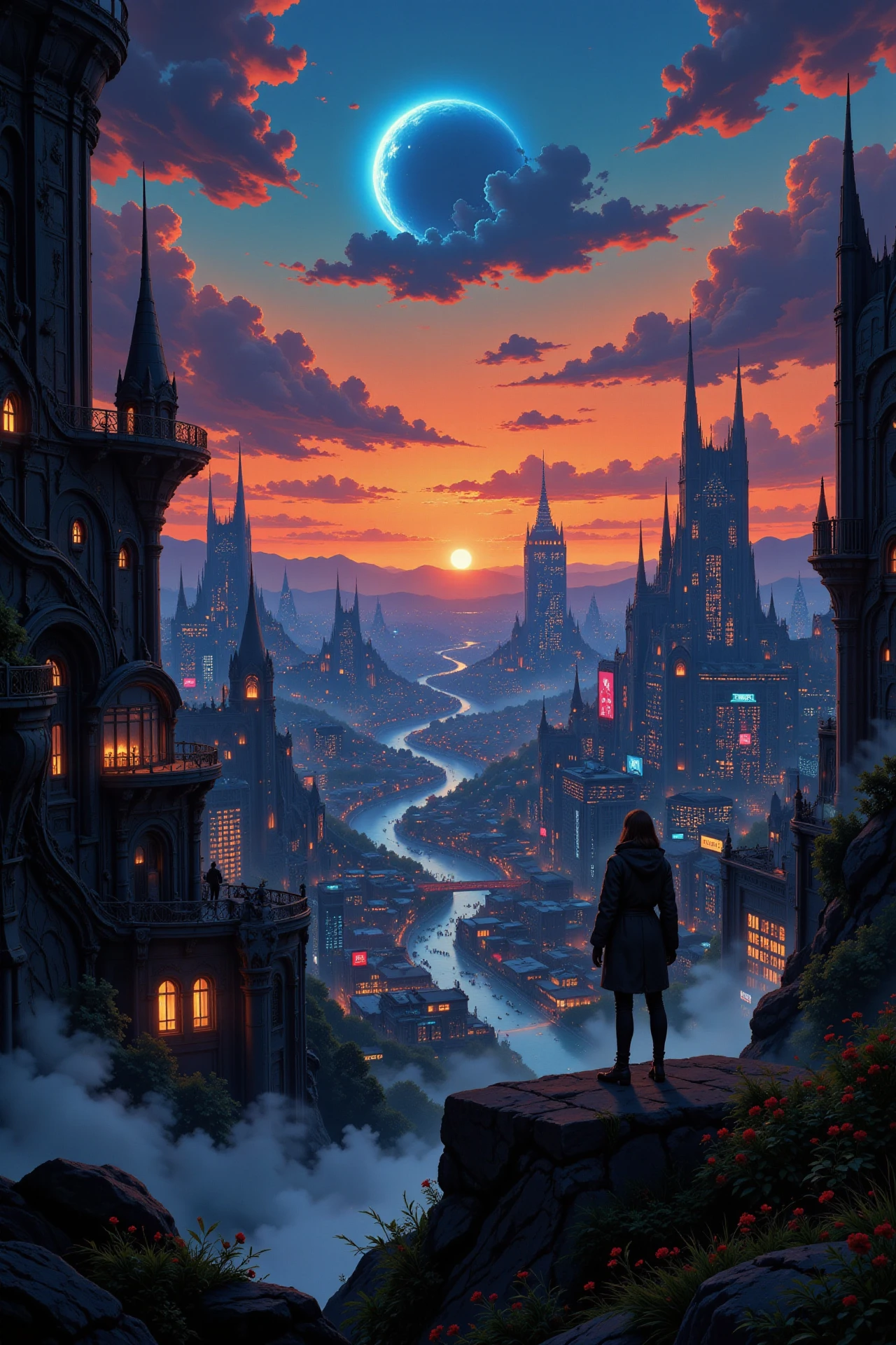 a futuristic sci-fi fantastic cyberpunk city beautiful  landscape, dusk, woman, very intricate, very detailed, sharp, bright, colorful, <lora:Hand v2:0.5> <lora:Anti-Blur:1><lora:Insane Detail Slider:0.25>  <lora:flux.1_lora_flyway_Epic-detail_v2:0.3> <lora:fluxenhancer:0.25> <lora:Anime_style:0.6> anime style