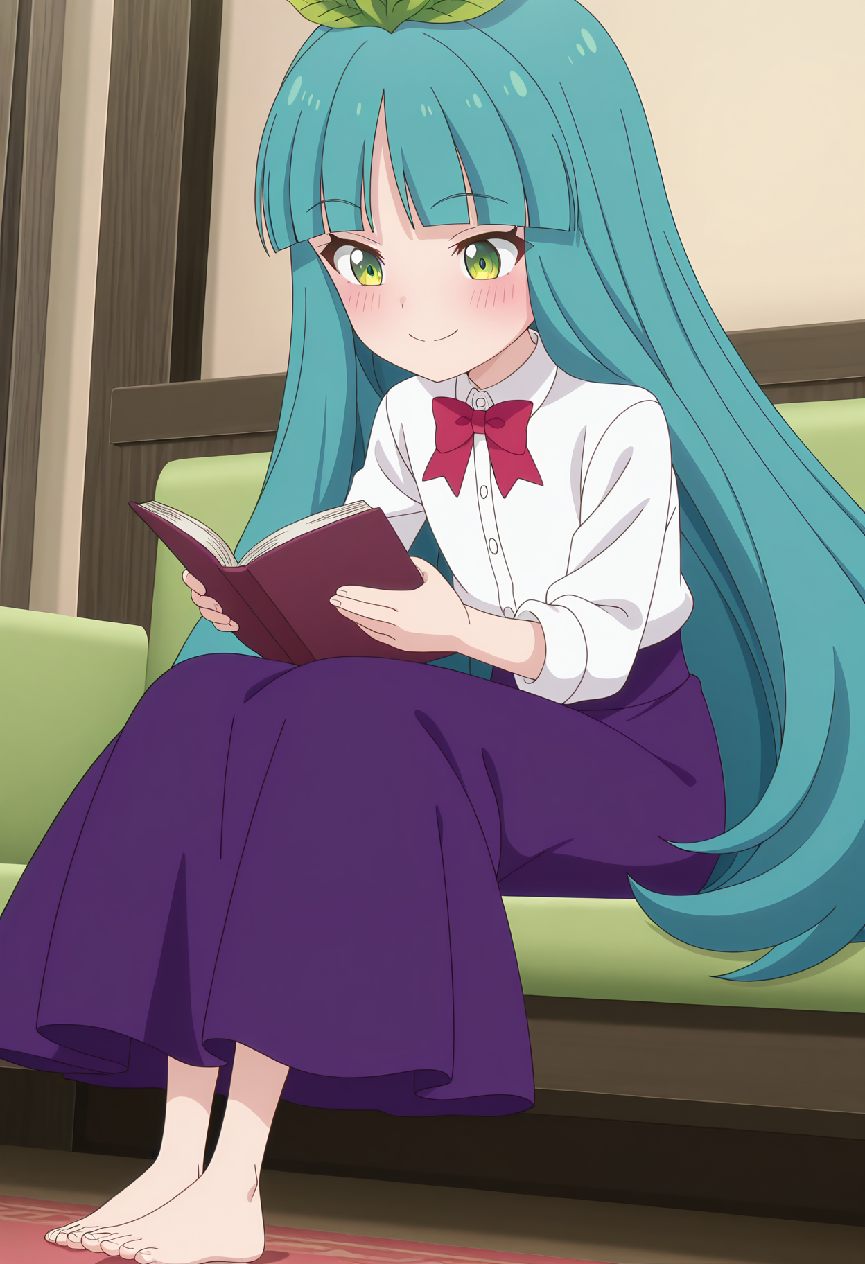 highres, best quality, masterpiece, indoors,
1girl, solo, sl300san, long hair, aqua hair, green eyes, leaf, blunt bangs, leaf hair ornament,
collared shirt, red bow, white shirt, blue skirt, purple skirt, long skirt,
anime screencap,
blush, smile,
sitting, holding book, reading, barefoot, 
<lora:_sandra_slime300-elesico-ilxlD:1>