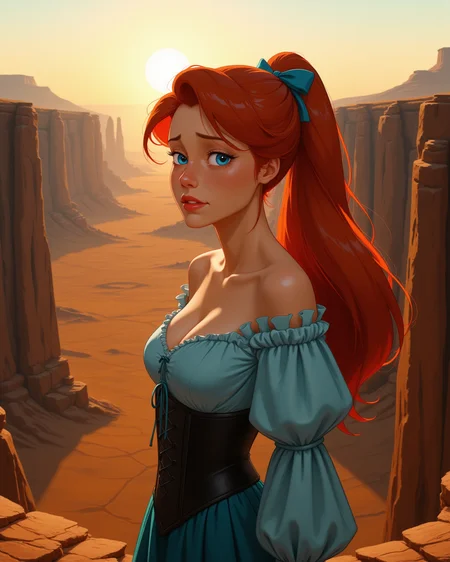 wide shot, looking at viewer, outdoors daylight, 20 year old woman, Sad with downcast eyes, lips slightly quivering, and a distant gaze filled with sorrow.
<lora:Disney_-_Ariel_v2-000030:1> d-ariel a 20 year old adult woman with blue eyes and red hair.
a young woman with bright red hair tied back with a blue ribbon, wearing a sky-blue off-shoulder blouse with puffy sleeves, a black corset bodice, and a deep blue full skirt, barefoot,
A woman stands on the edge of a rocky cliff, gazing out over the vast desert expanse, the golden light of the setting sun casting long shadows across the dry, cracked earth below.