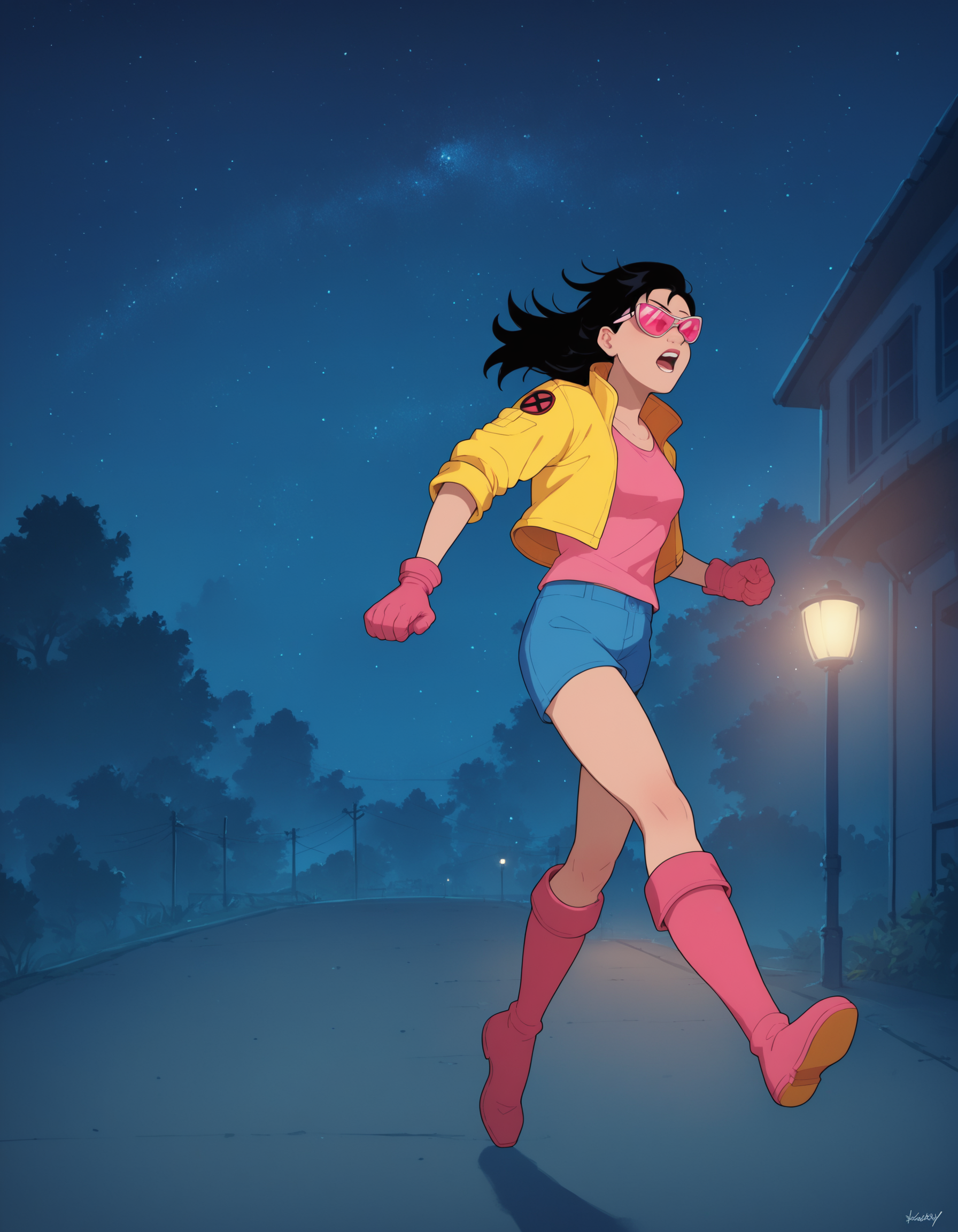 score_9, score_8_up, score_7_up, score_6_up, score_5_up, score_4_up, Marvel Cel-Shade Style, 1girl, black hair, blue shorts, boots, gloves, night, night sky, running, shorts, sky, starry sky, outdoors, pink sunglasses, yellow jacket, pink shirt, <lora:xmen_celshadePonyXL:0.8>