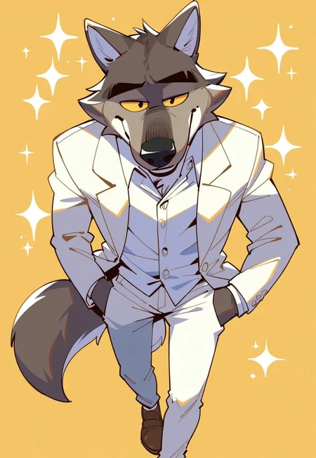 score_9, score_8_up, score_7_up, score_6_up, score_5_up, score_4_up, source_furry, hi res, Expressiveh, yellow background, dynamic angle, full body, white sparkles, walking, hand in pocket, MrWolf, Wolf, yellow sclera, black eyes, Cream-White Suit, Cream-White Pants, White Shirt, Brown Shoes, looking at viewer, smile, anthro, male, perfect anatomy