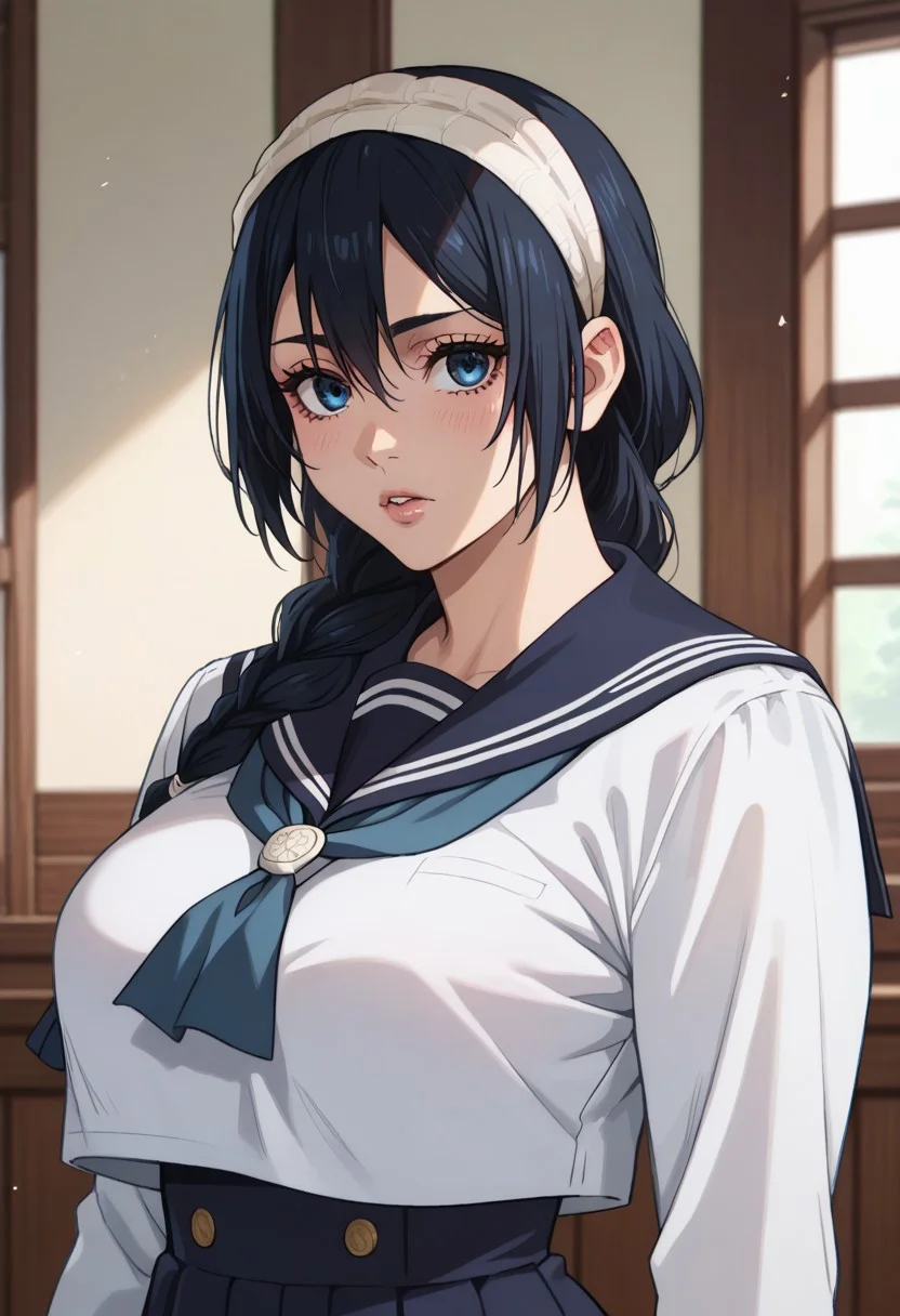 anime artwork, score_9, score_8_up, score_7_up, score_6_up, score_5_up, solo, perfect eyes, detailed eyes, beautiful female, detailed face, dynamics lines, 20 year old, perfect beautiful face, long eyelashes, sharp eyes pupils, (bedroom:1.3), (upper body:1.5), large breasts, wide hips, hips,,1 girl, riko, black hair, braid, blue eyes, headband, school uniform, white serafuku,
